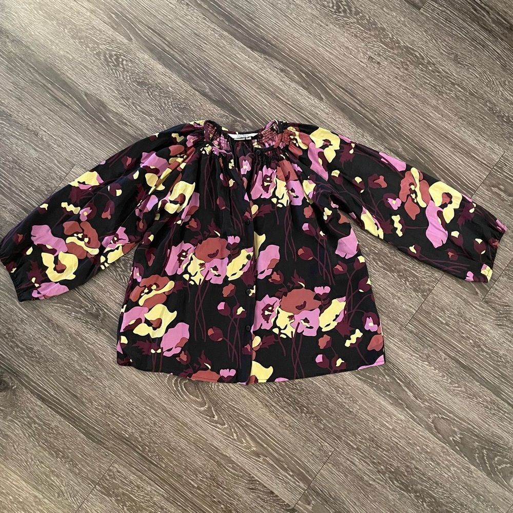 Tucker Black Floral Popover Blouse with Pink & Yellow Accents